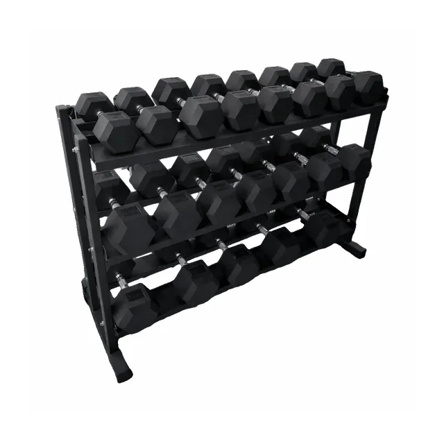Kit de halteres sextavados em rack de três níveis